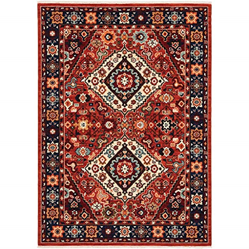 HomeRoots Wool, Nylon 9' x 12' Red Blue Machine Woven Oriental Indoor Area Rug