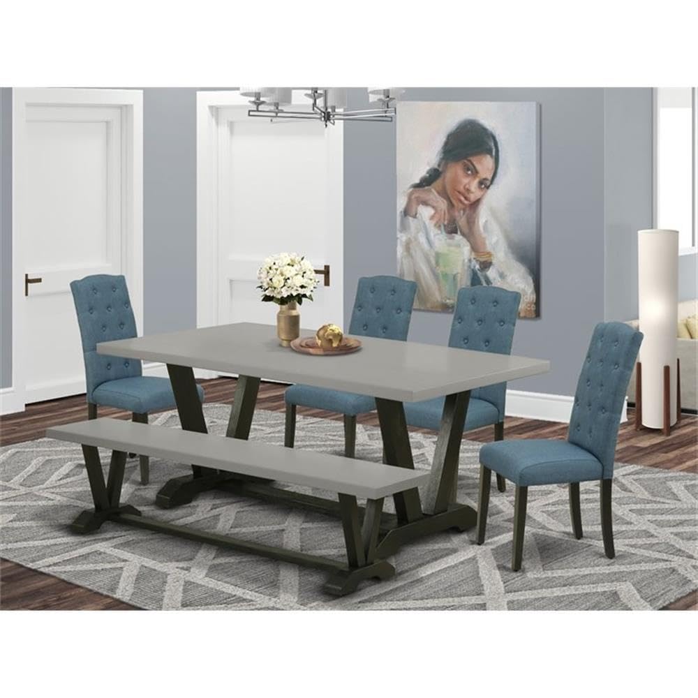 East West Furniture V697CE121-6 6 Piece Dining Set Contains a Cement Dining Room Table and a Kitchen Bench, 4 Blue Linen Fabric Upholstered Chairs with Button Tufted Back - Wire Brushed Black Finish
