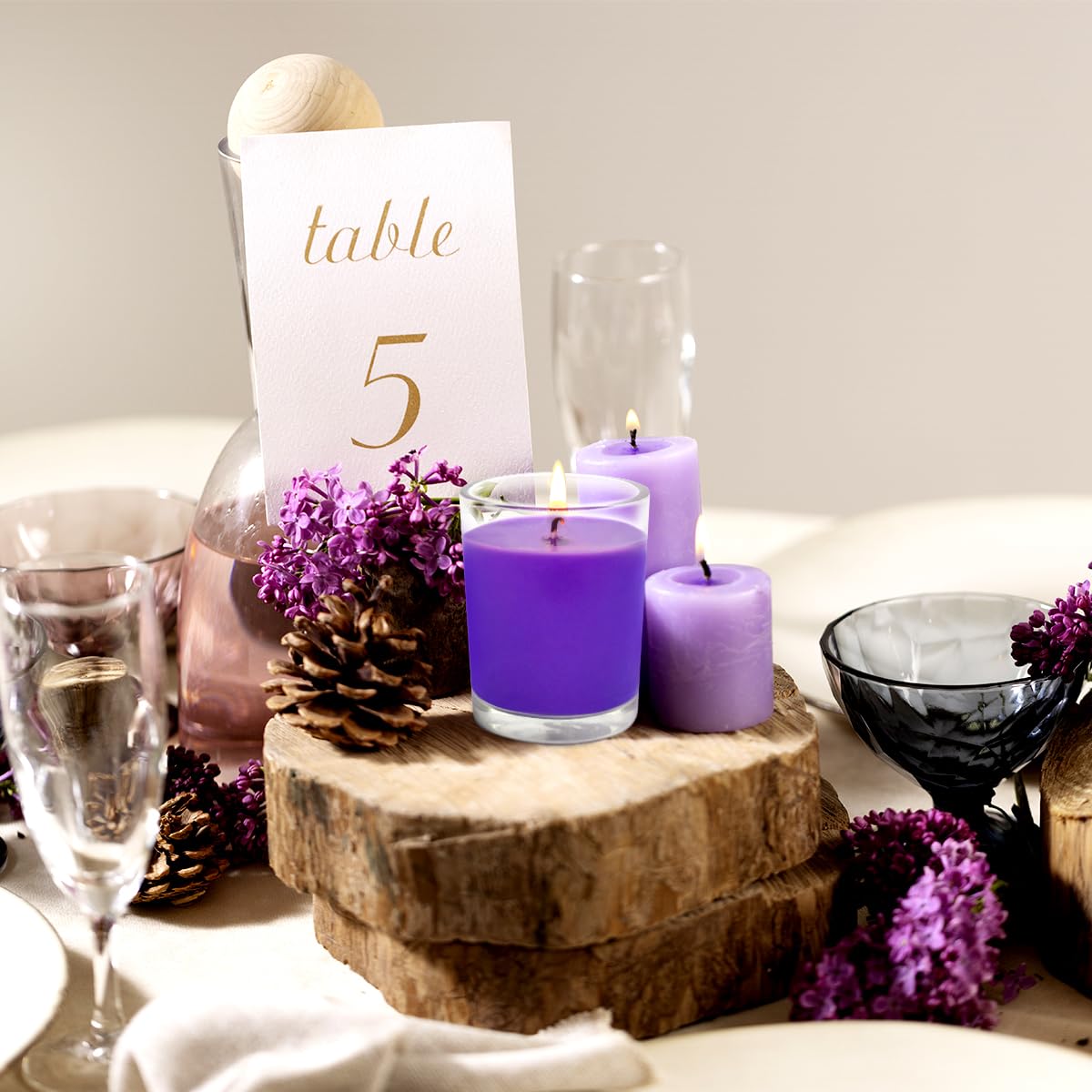 Set Of 4 Purple Votive Candles, Clear Glass Filled Soy Wax Lavender Scented Candles For Home Spa Stress Relax And Diy