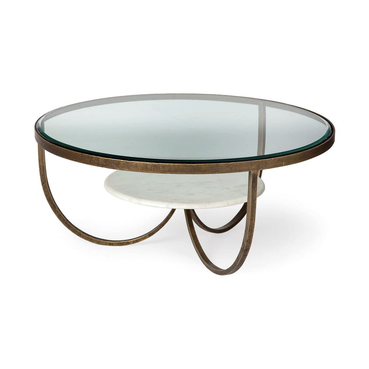 HomeRoots Metal 36' Round Glass Top Marble Shelf Gold Base Coffee Table