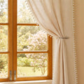 Homemonde Long Door 9 Feet Curtains Sheer Linen Textured Panels Set With Decorative Border Pompoms, Solid Beige  (Hangs Style 