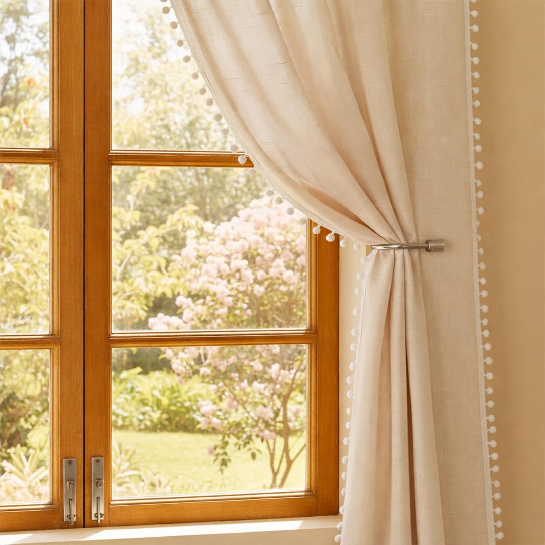 Homemonde Window 6 Feet Curtains Sheer Linen Textured Panels Set With Decorative Border Pompoms, Solid Beige  (Hangs Style  Ro