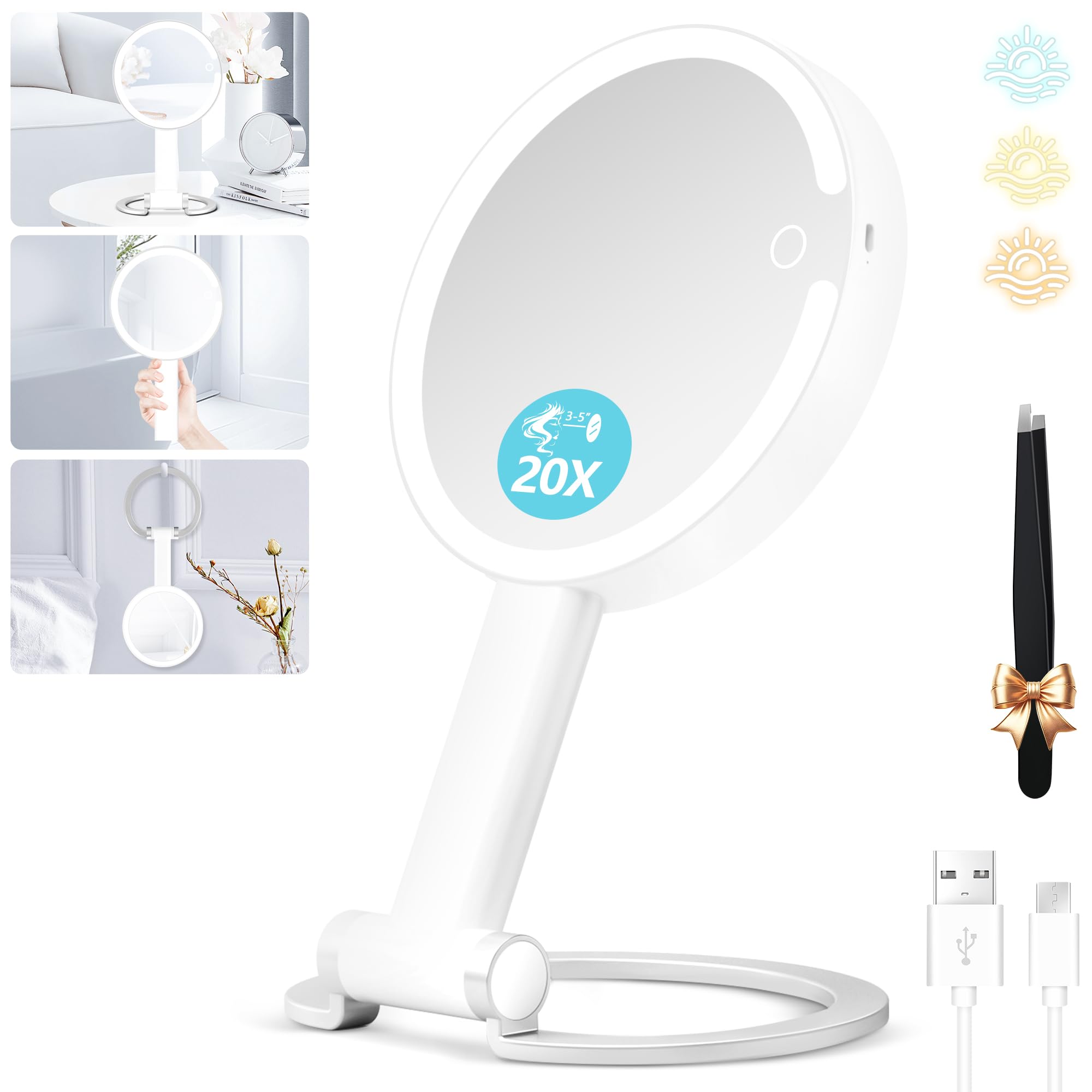 Makeup mirror with lights, 20X magnifying mirror with light and Adjustable Brightness,vanity mirror with lights and 3 Colors, 2-
