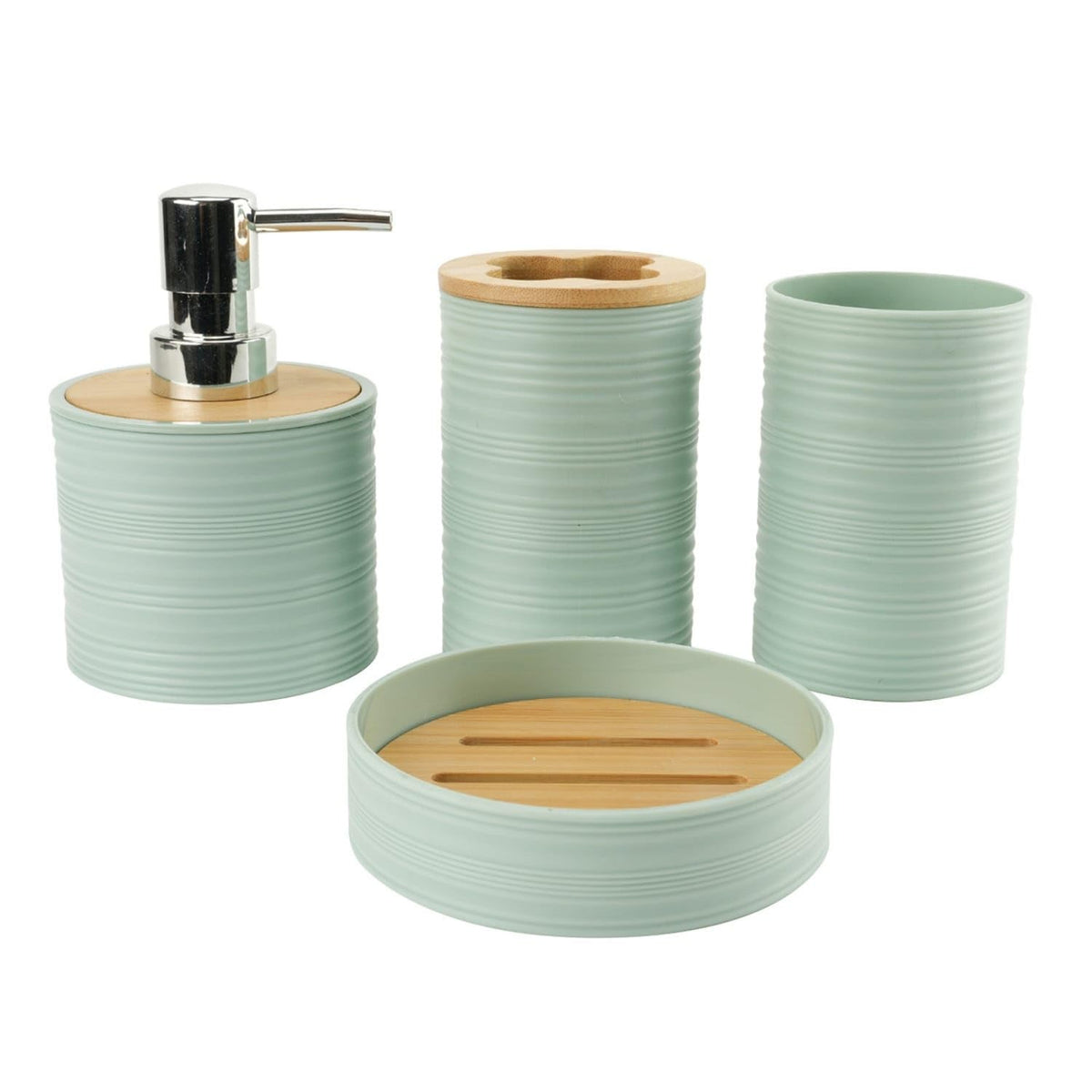 TRENDYNEST 4 Pieces Ribbed Bamboo Bathroom Organizer Set Cylindrical Bathroom Countertop Set Rounded Edges Easy to Clean for Eve