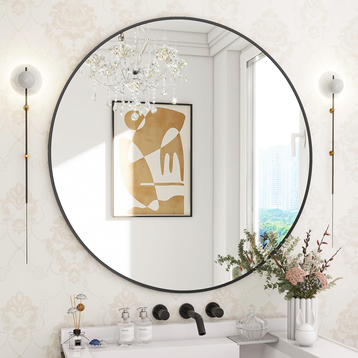 BEAUTYPEAK 30 Inch Round Mirror, Black Metal Frame Circle Mirror, Wall Mirror for Entryway, Bathroom, Vanity, Living Room, Black