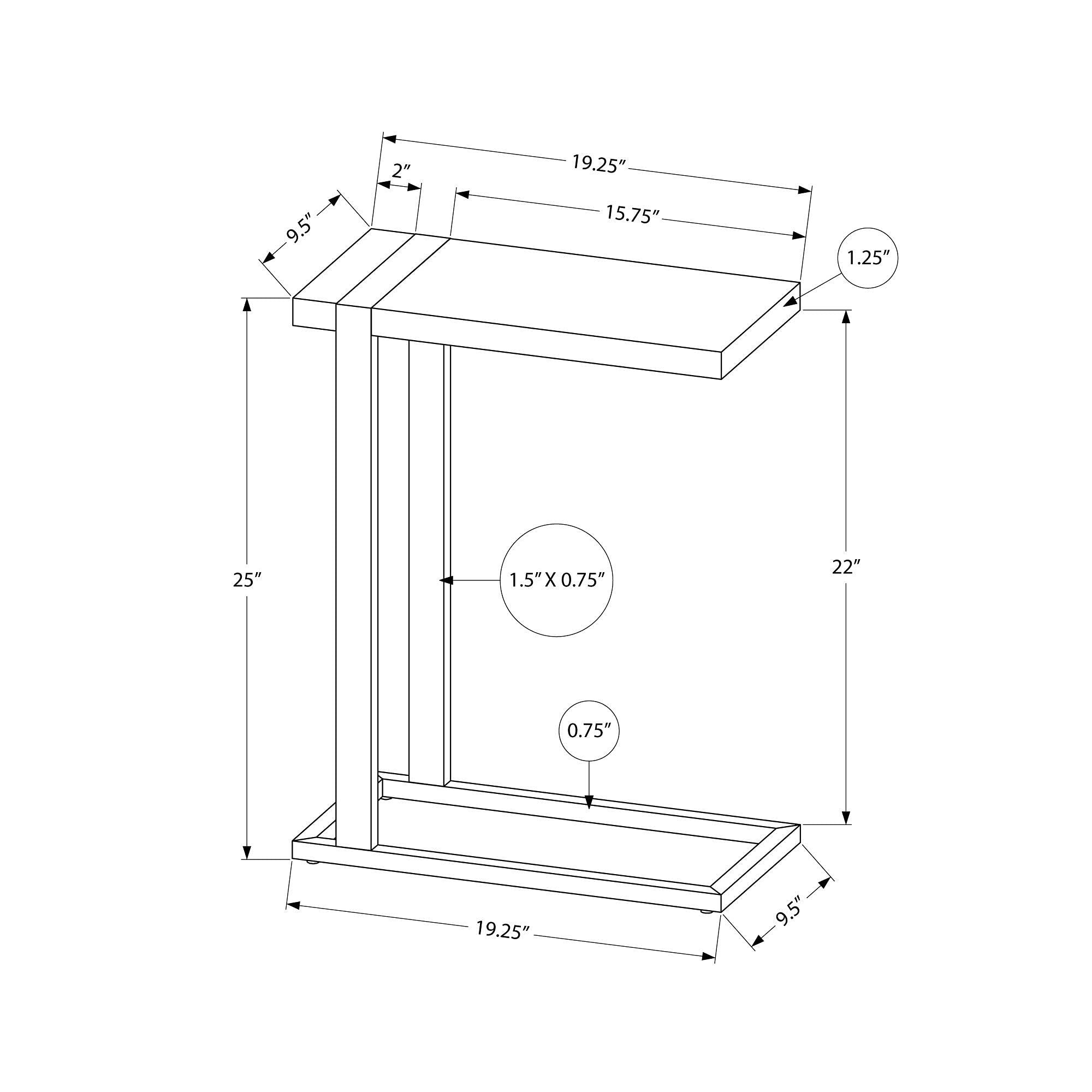 Monarch Specialties 2853, C-shaped, End, Side, Snack, Living Room, Bedroom, Laminate, Contemporary, Modern Accent Table-Brown Reclaimed Wood-Look/Black Metal, 19.25&quot; L x 9.5&quot; W x 25&quot; H