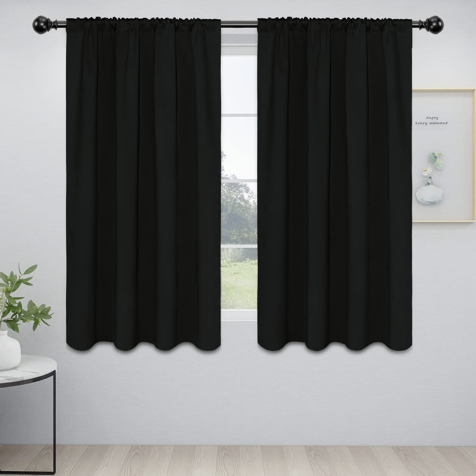 Easy-Going Rod Pocket Blackout Curtains For Bedroom, Room Darkening Window Curtains For Living Room, Thermal Insulated Noise Reduction Solid Window Drapes, 2 Panels(52X63 In, Black)