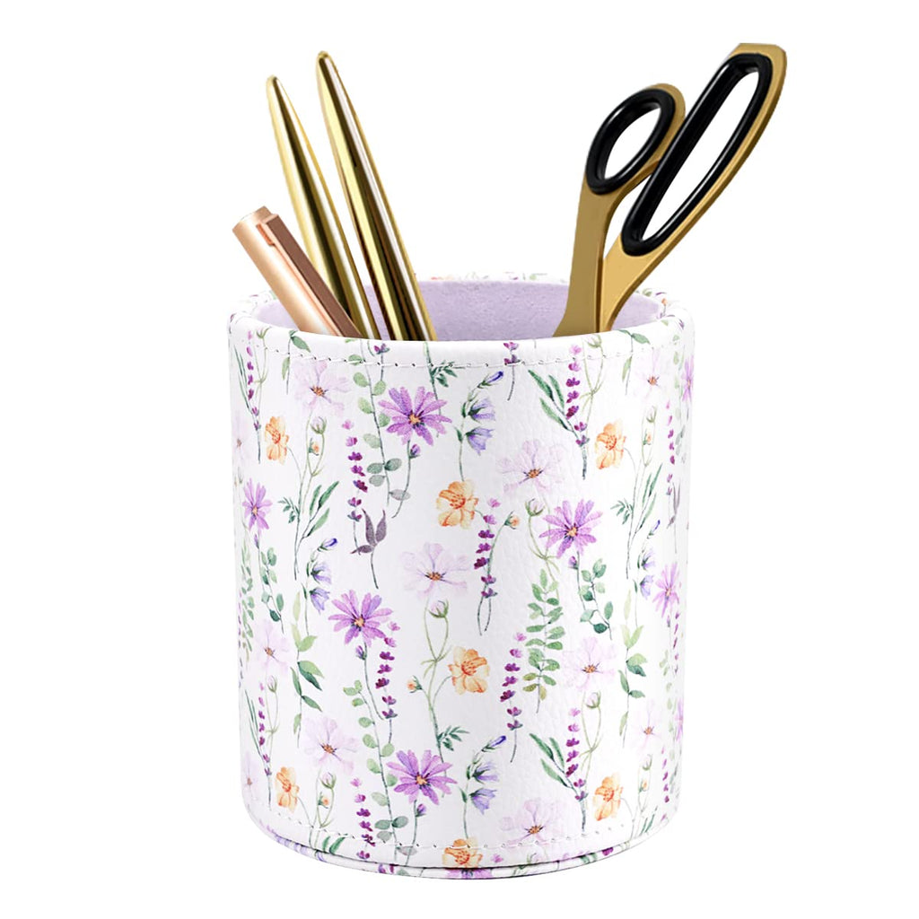 Waveyu Pen Holder, Makeup Brush Holder Leather Cute Vintage Flowers Pattern Pencil Cup For Girls Kids Women Durable Stand Desk O