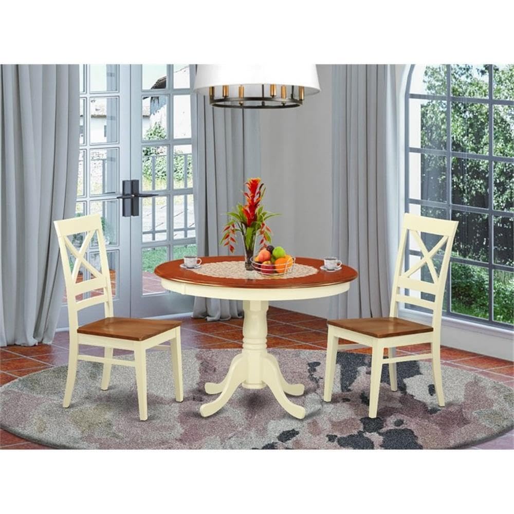 East West Furniture HLQU3-BMK-W Hartland 3 Piece Room Set Contains a Round Kitchen Table with Pedestal and 2 Dining Chairs, 42x42 Inch
