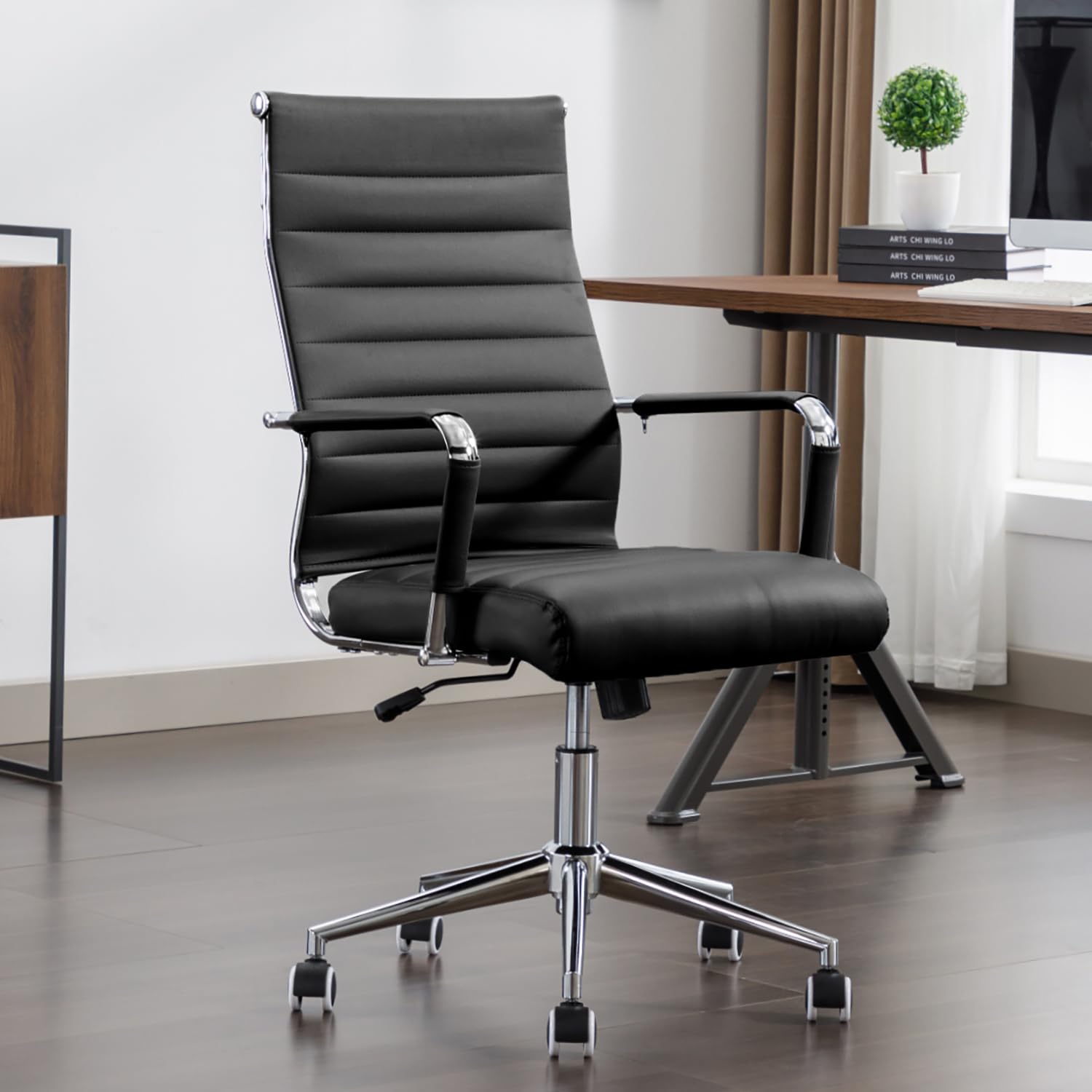 Boiskom Office Desk Chair Leather, Conference Room Chairs With Wheels, Executive Modern Ergonomic Ribbed Computer Chair(Black)