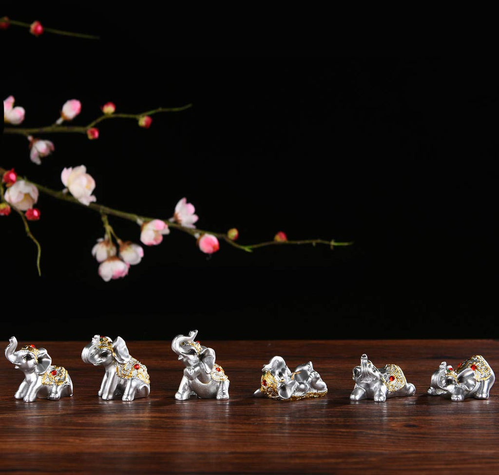 Brabud Silver Resin Small Elephants Statues Home Decoration Collection Gift Set Of 6 Bs122 (Silver)