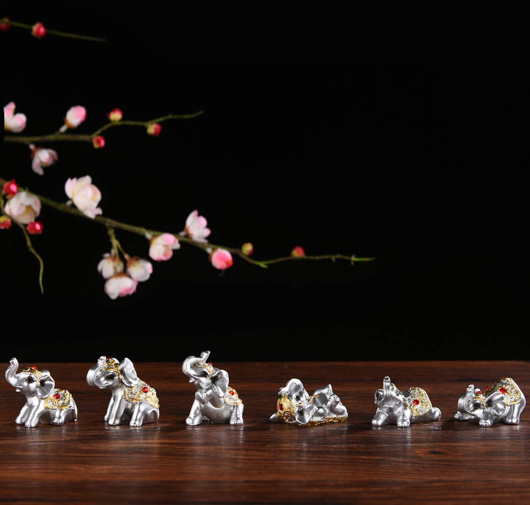 Brabud Silver Resin Small Elephants Statues Home Decoration Collection Gift Set Of 6 Bs122 (Silver)