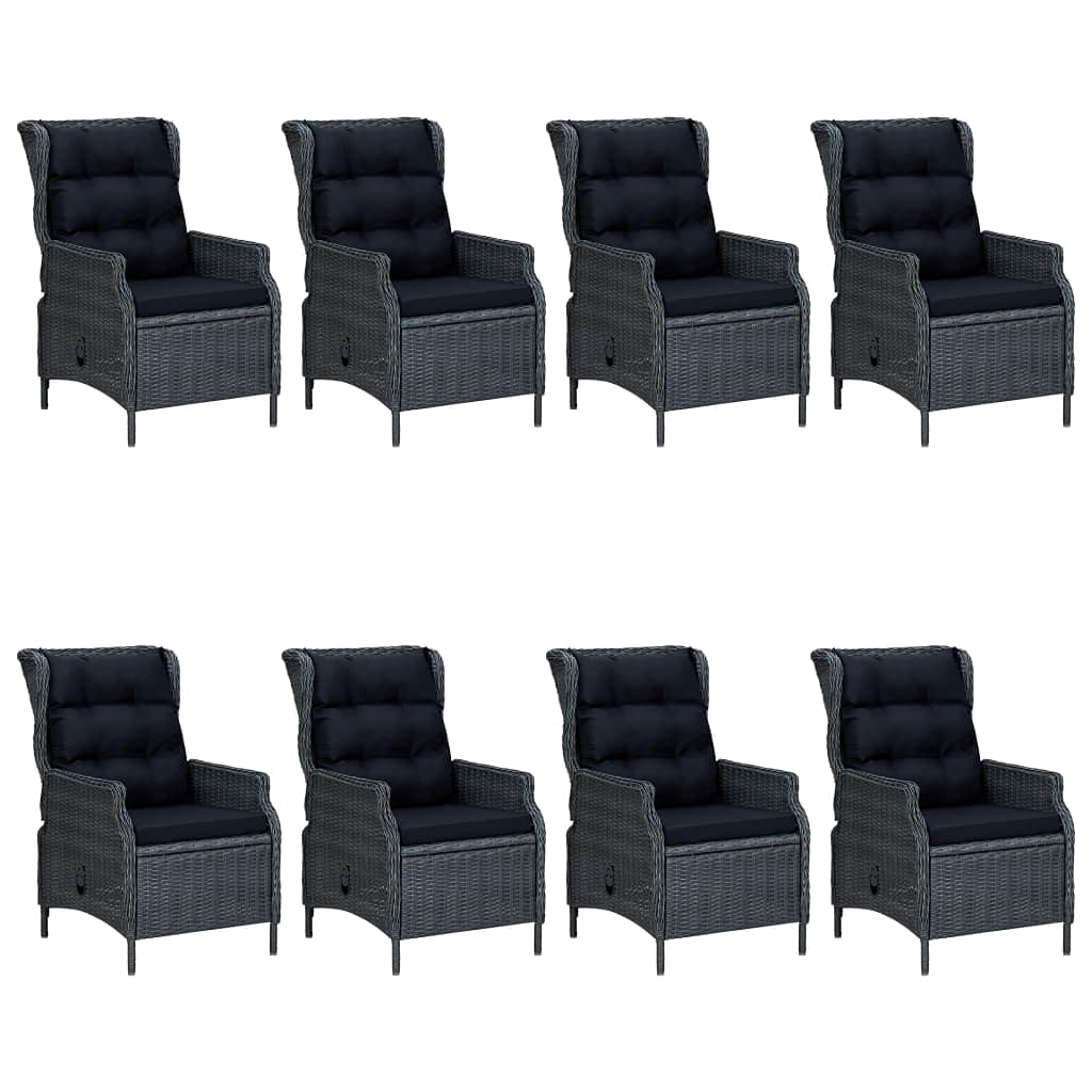 vidaXL 9-Piece Patio Dining Set in Dark Gray - Acacia Wood Dining Table with Reclining PE Rattan Chairs, Cushions Included, Adjustable Backrest, Easy Maintenance, Farmhouse Outdoor Furniture
