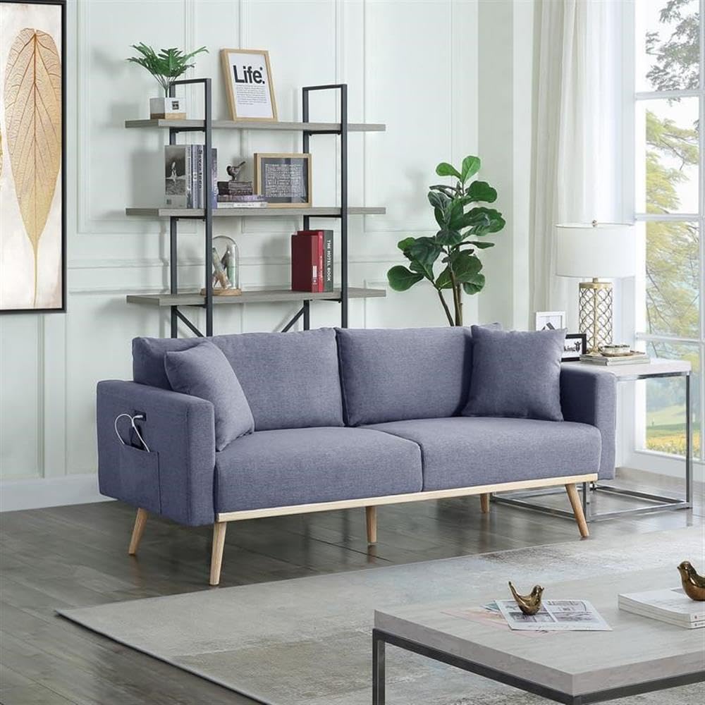 Lilola Home Easton Dark Gray Linen Fabric Sofa with USB Charging Ports Pockets & Pillows