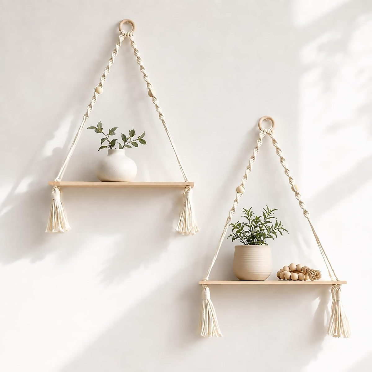 Daruh craft Macrame Hanging Shelves Boho Wall Decor Set of 2 Rustic Wood Floating Storage Handmade Woven Shelf for Bedroom Bathr