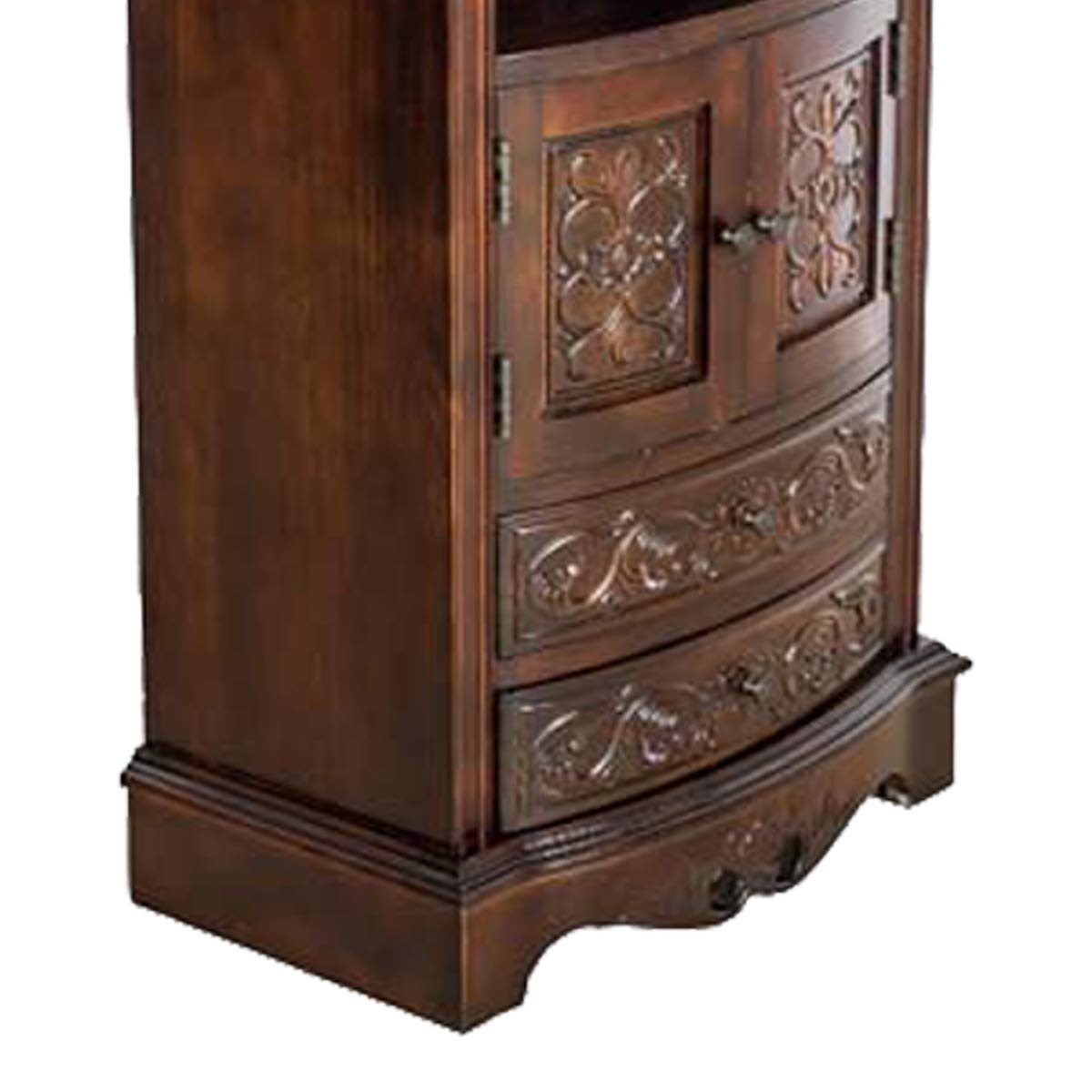 Benjara Engraved Wooden Frame Storage Cabinet with 2 Drawers and 2 Doors, Brown