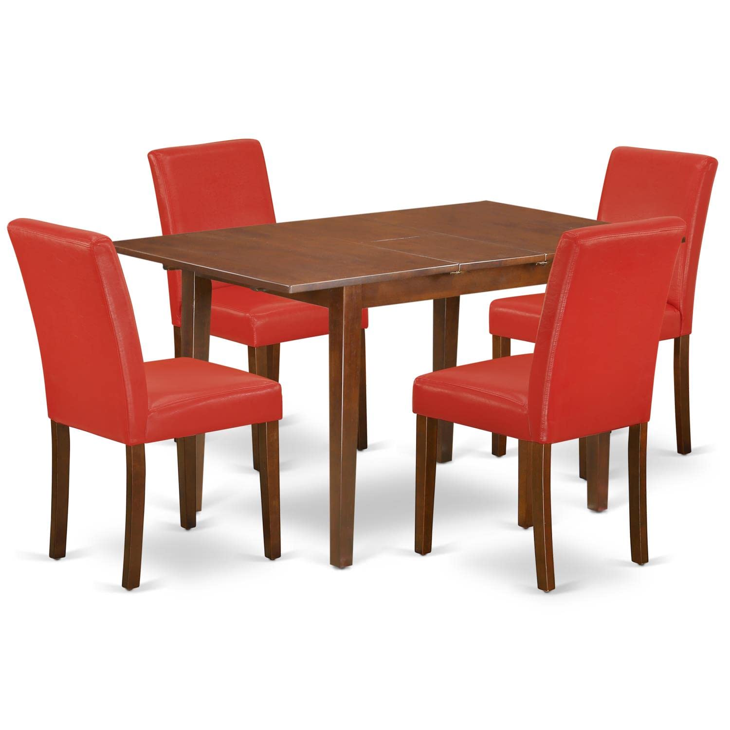 East West Furniture Psab5-Mah-72 5 Piece Dining Table Set Includes A Rectangle Wooden Table With Butterfly Leaf And 4 Firebrick Red Faux Leather Upholstered Chairs, 32X60 Inch, Mahogany