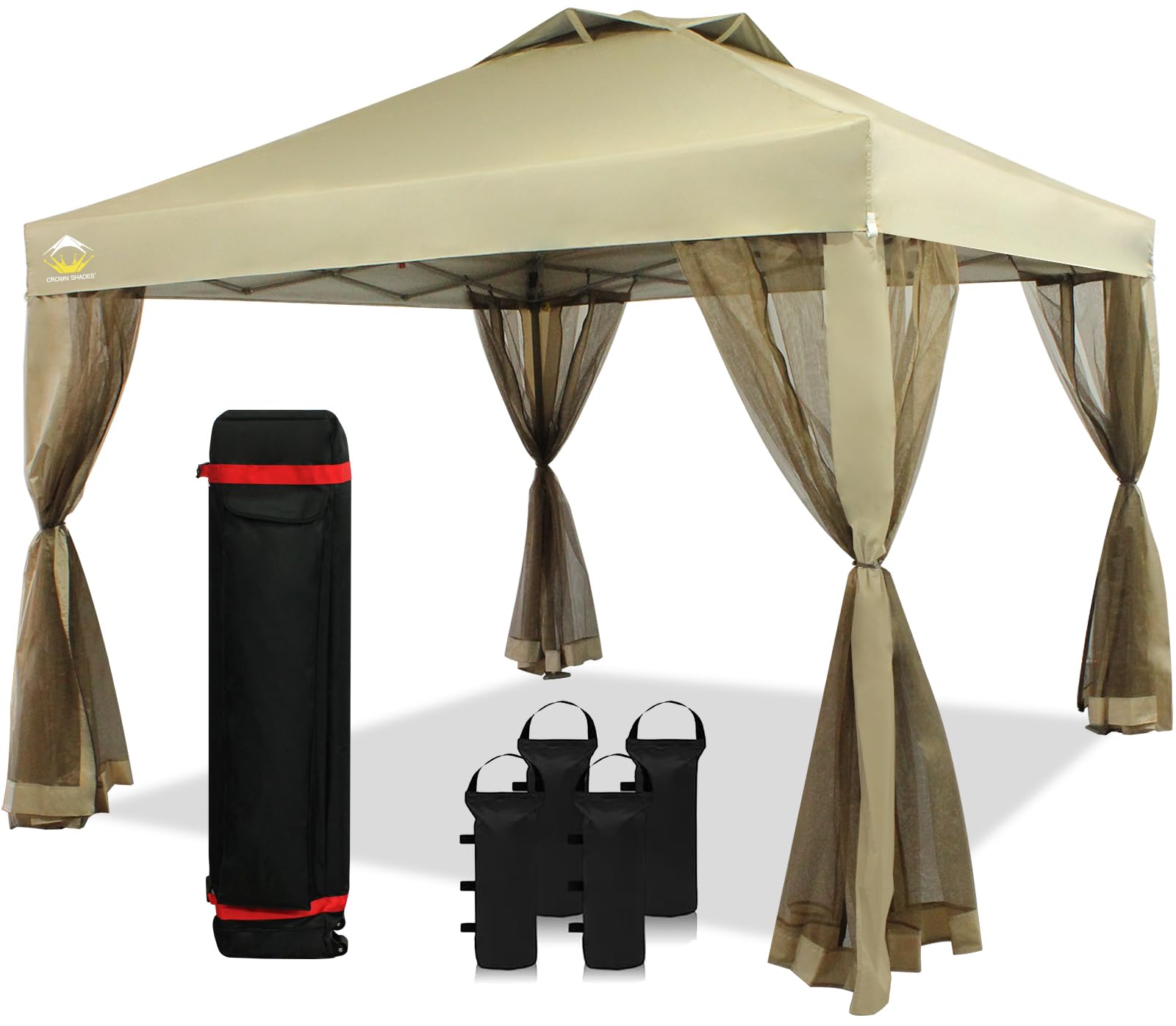 Crown Shades 10X10 Pop Up Canopy Including 4 Removable Nettings, 4 Ropes, 8 Stakes, 4 Weight Bags, Wheeled Storage Bag, Beige
