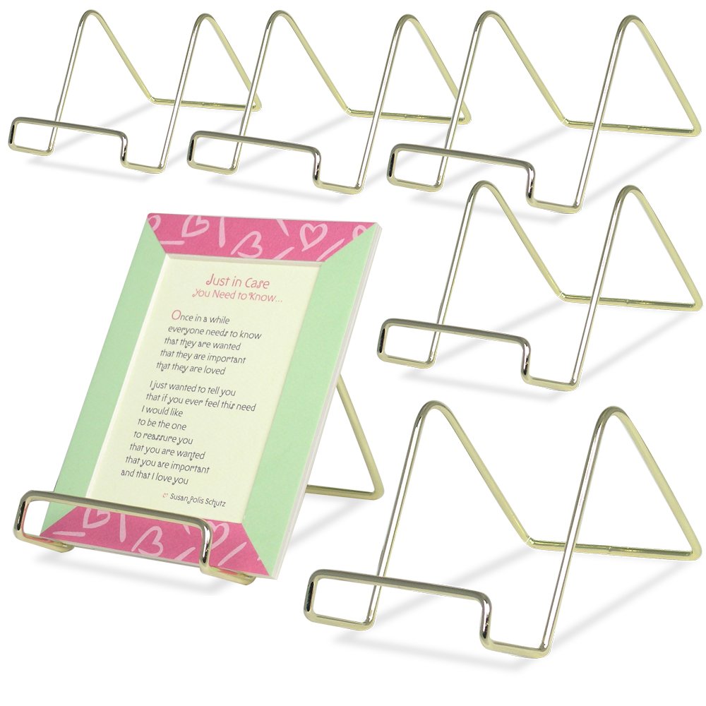 Banberry Designs Wire Easel Display Stand Plate Holders - Smooth Plated Brass Metal - 3'' H - Pack Of 6 Pcs