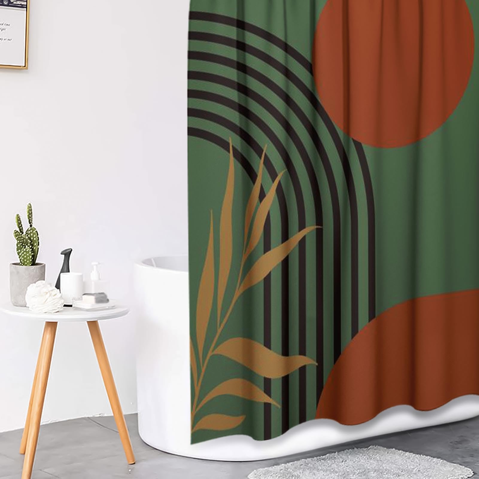Tayney Boho Mid Century Shower Curtain Set With Toilet Lid Cover And Non-Slip Rugs, Green Background 4 Pcs Modern Minimalist Sho
