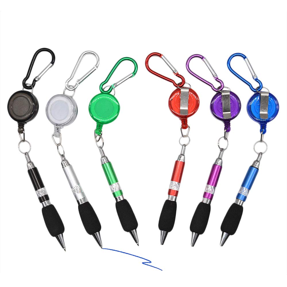 Whatuneed 3-In-1 Handy Retractable Badge Reel Pen Belt Clip Keychain Carabinerm With Retractable Pen (Set Of 6)