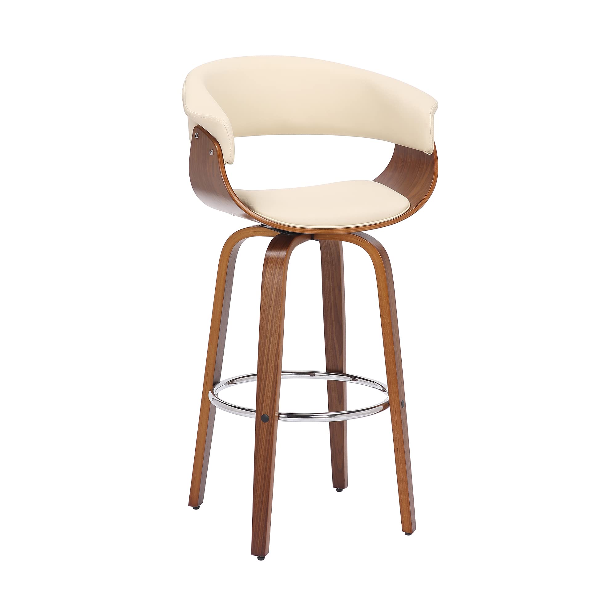 Armen Living Julyssa Mid Century Modern Swivel Bar Stool For Kitchen Island Counter In Cream Faux Leather And Walnut Wood, 30' Seat Height