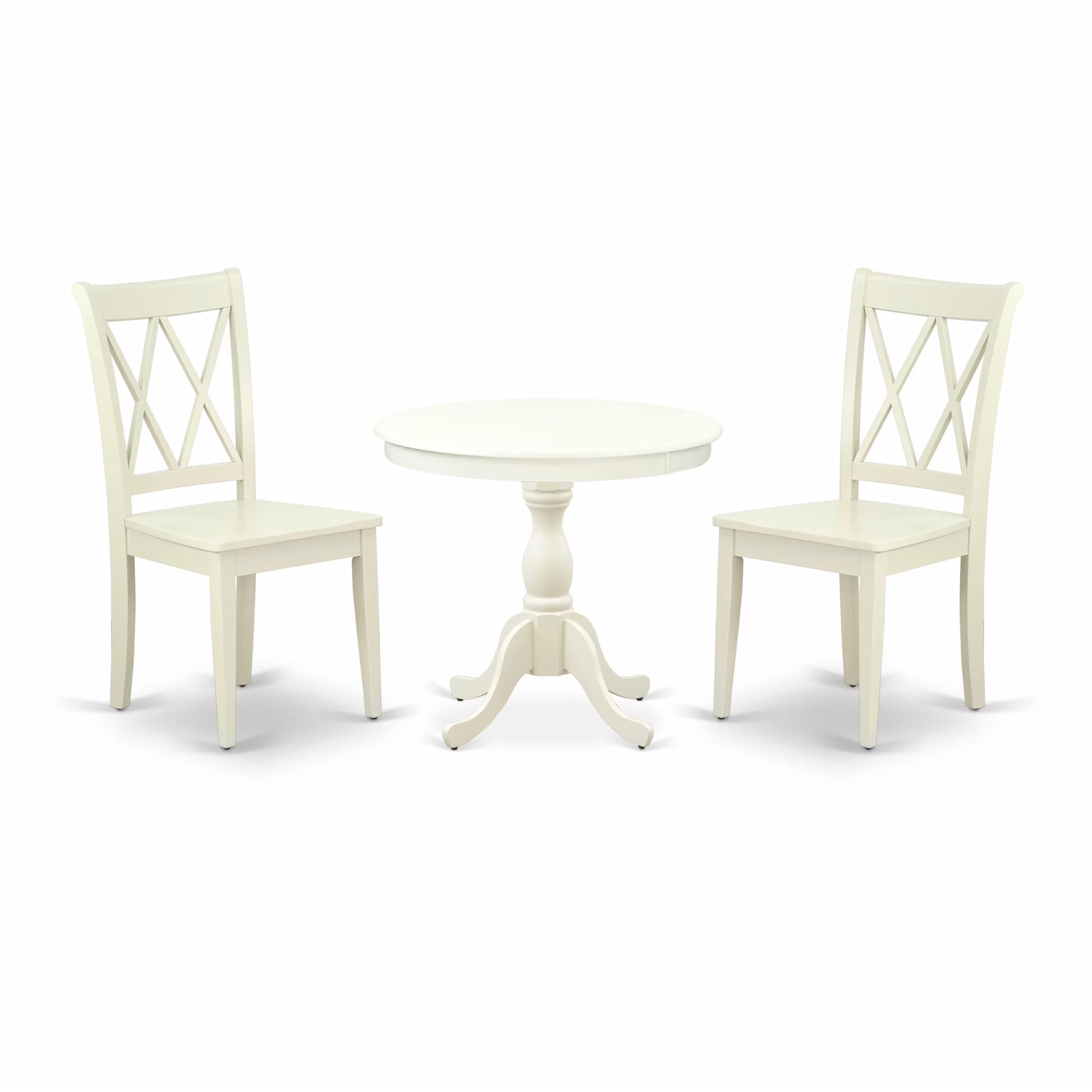 East West Furniture AMCL3-LWH-W 3 Piece Dining Room Table Set Contains a Round Kitchen Table with Pedestal and 2 Dining Chairs, 36x36 Inch, Linen White