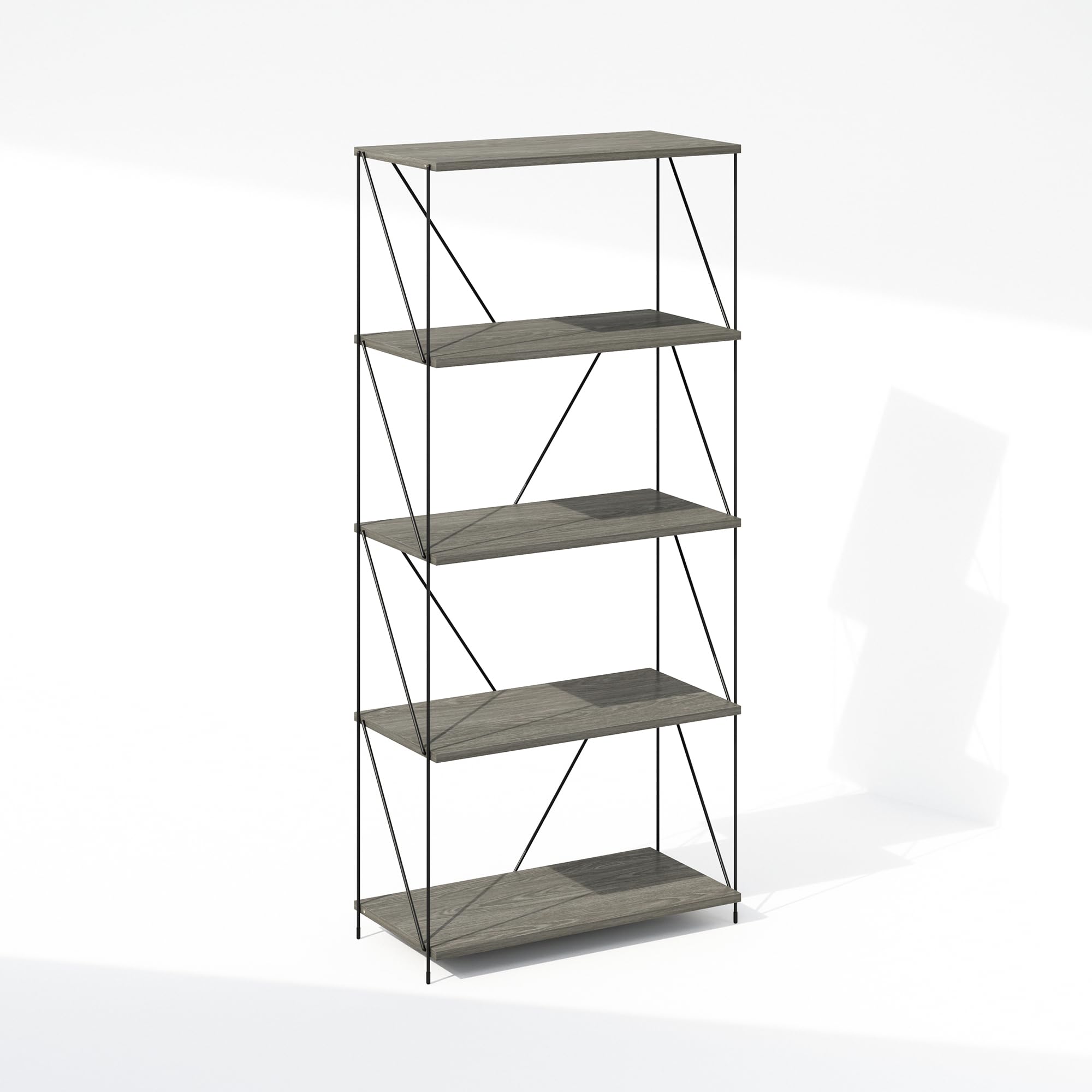 Furinno Wire 5-Tier Industrial Style Metal Frame Bookcase, Display Shelf, 24 Wide, Finn Oak