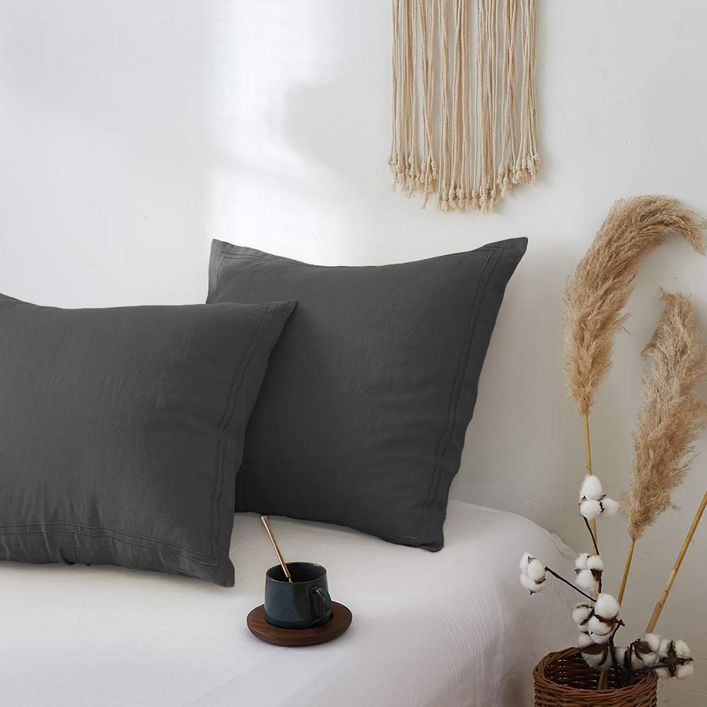 Simple&Opulence 100% French Linen Euro Shams With Embroidery (26'' X 26'') - Pack Of 2 - Pre Washed Solid Color Natural Flax Soft Breathable - Dark Grey