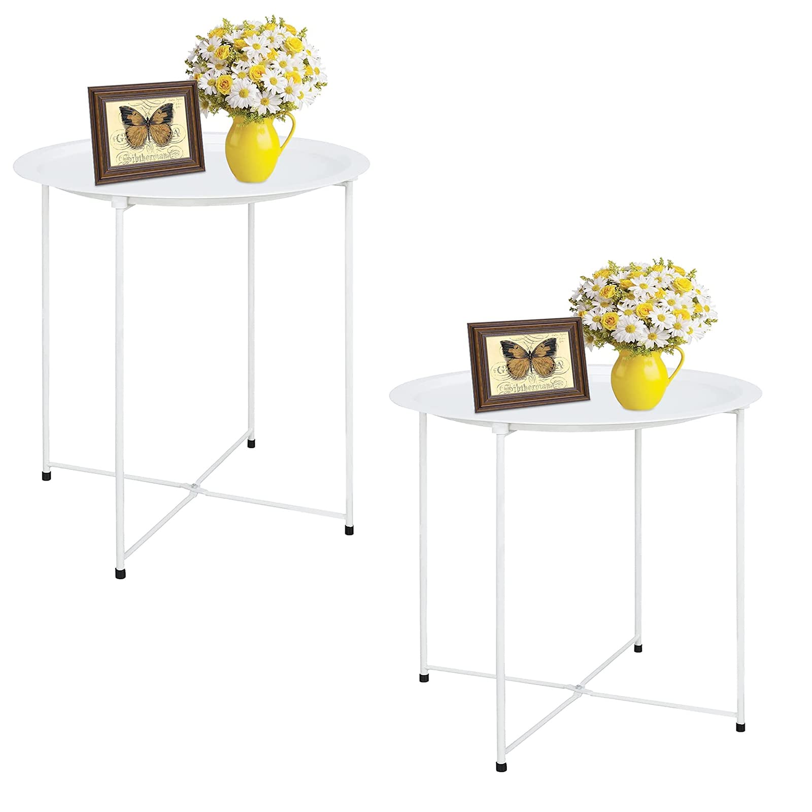 Garden 4 You End Table Set Of 2, Outdoor Side Table, Small Patio Table Metal Side Table, Round Folding Side Table, For Outdoor And Living Room,White