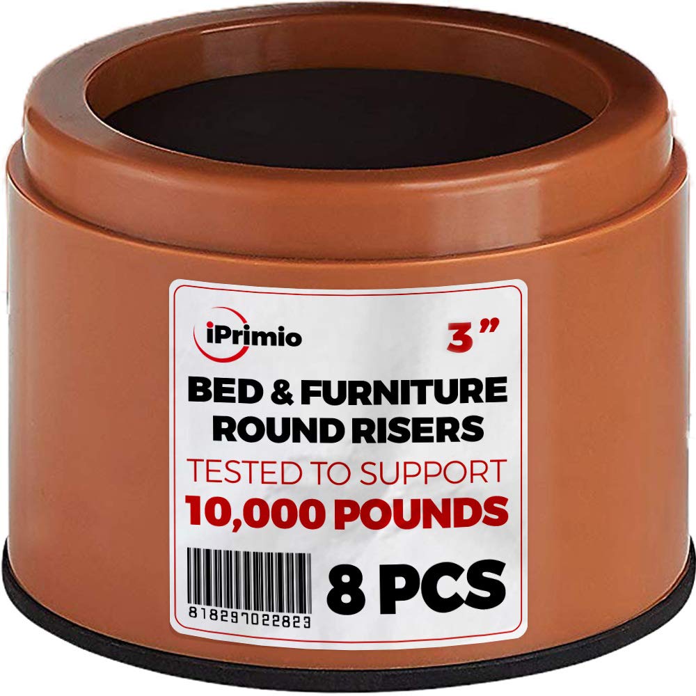 Iprimio Bed Risers - Round, 3 Inch Lift, Heavy Duty, 8 Pack, Up To 10000Lbs - Bed Raising Blocks, Furniture Risers - Safe, Sturd