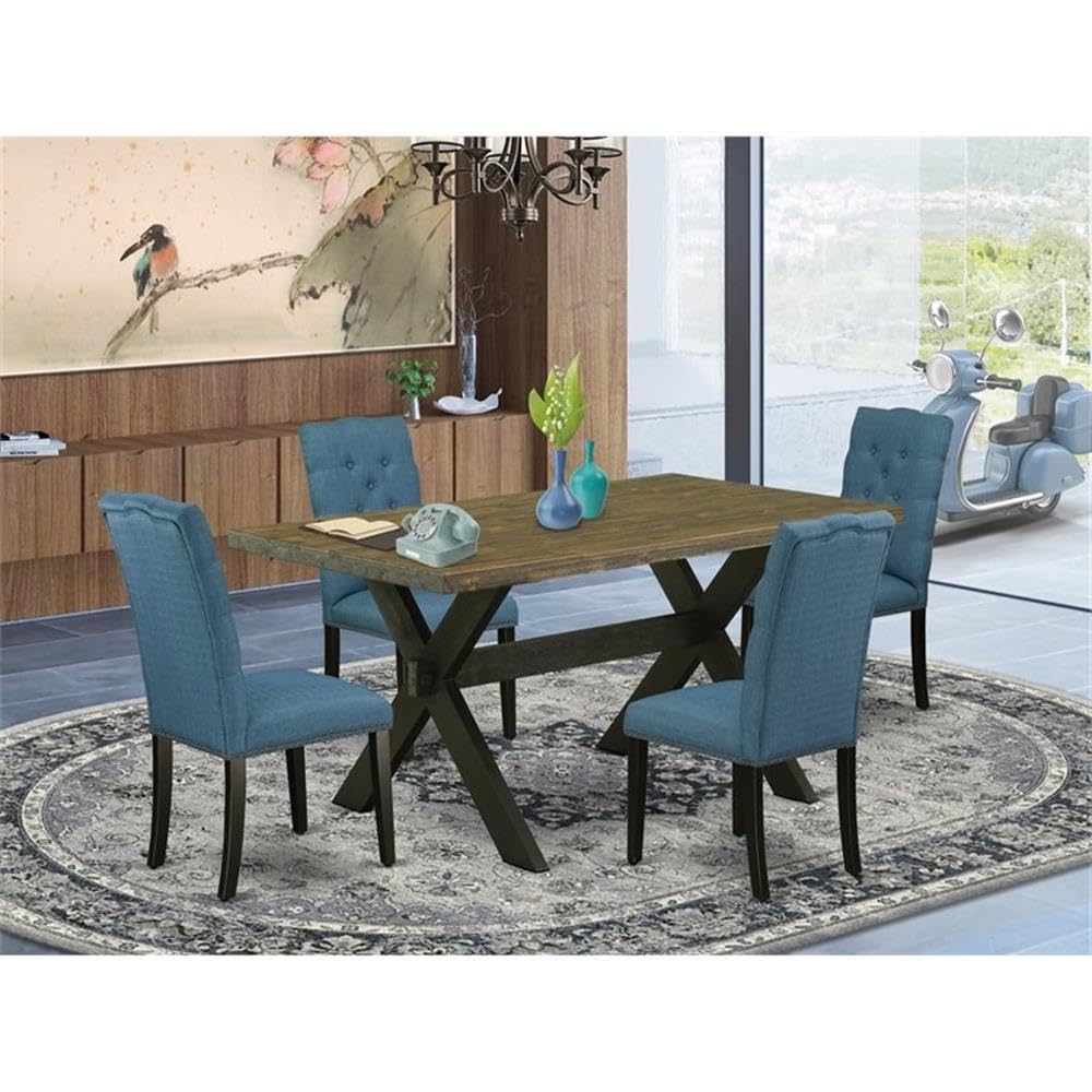 East West Furniture X676El121-5 5 Piece Dining Room Furniture Set Includes A Rectangle Dining Table With X-Legs And 4 Blue Linen Fabric Parsons Chairs, 36X60 Inch, Multi-Color