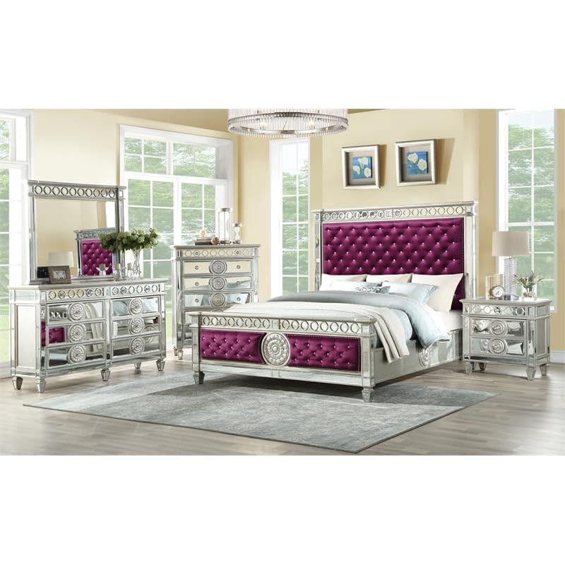 Acme Varian Velvet Upholstered Queen Bed in Burgundy and Mirrored