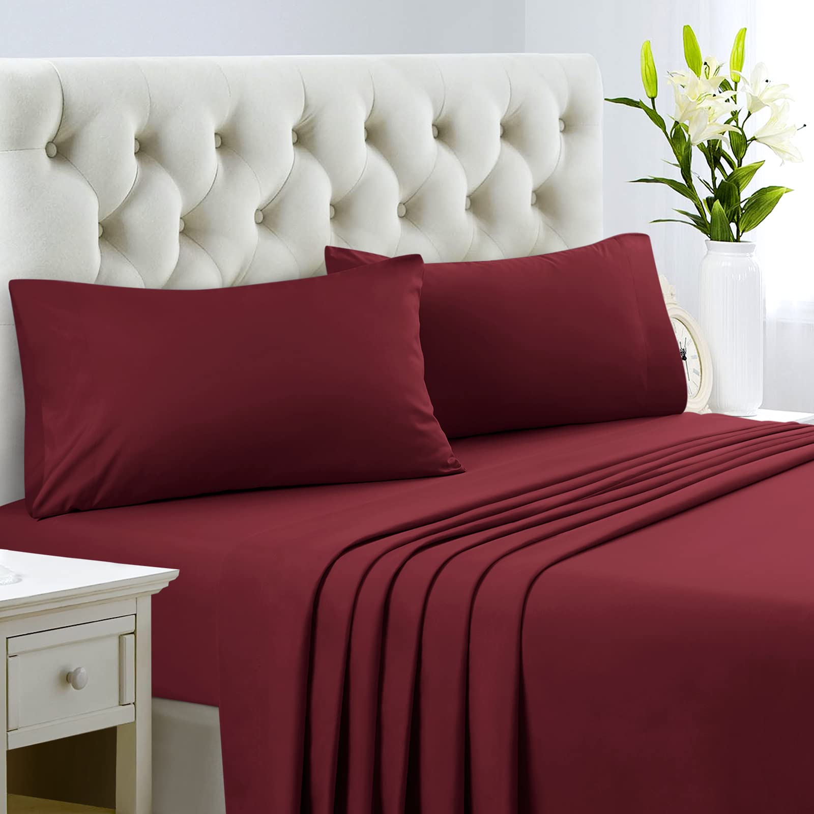 Homeideas Queen Size Bed Sheets - 4 Piece Set (Burgundy) - Extra Soft Brushed Microfiber 1800 Bedding Sheets, Maroon Sheets, Deep Pocket, Wrinkle & Fade Free