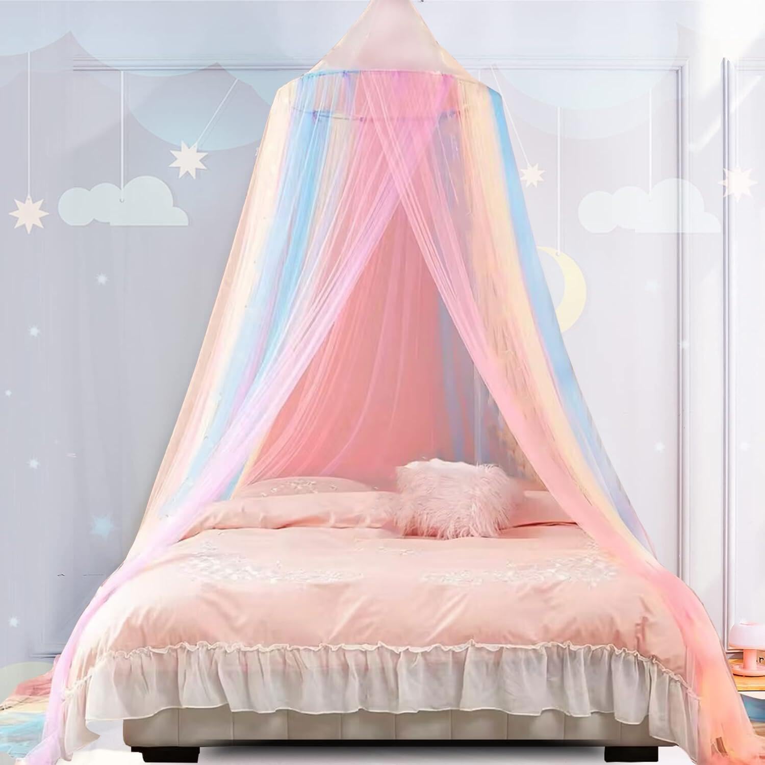 Mosquito Net Bed Canopy For Girls,Rainbow Canopy Bed Curtains Full Queen Size From Ceiling,Dome Mosquito Netting Bed Tent Twin G