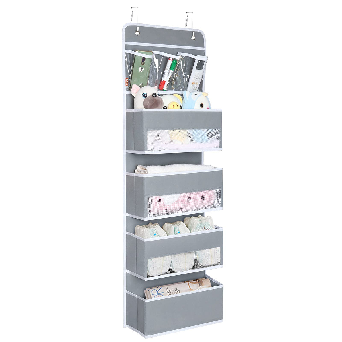 Univivi Door Hanging Organizer Nursery Closet Cabinet Baby Storage With 4 Large Pockets And 3 Small Pvc Pockets For Cosmetics, Toys And Sundries (Grey)