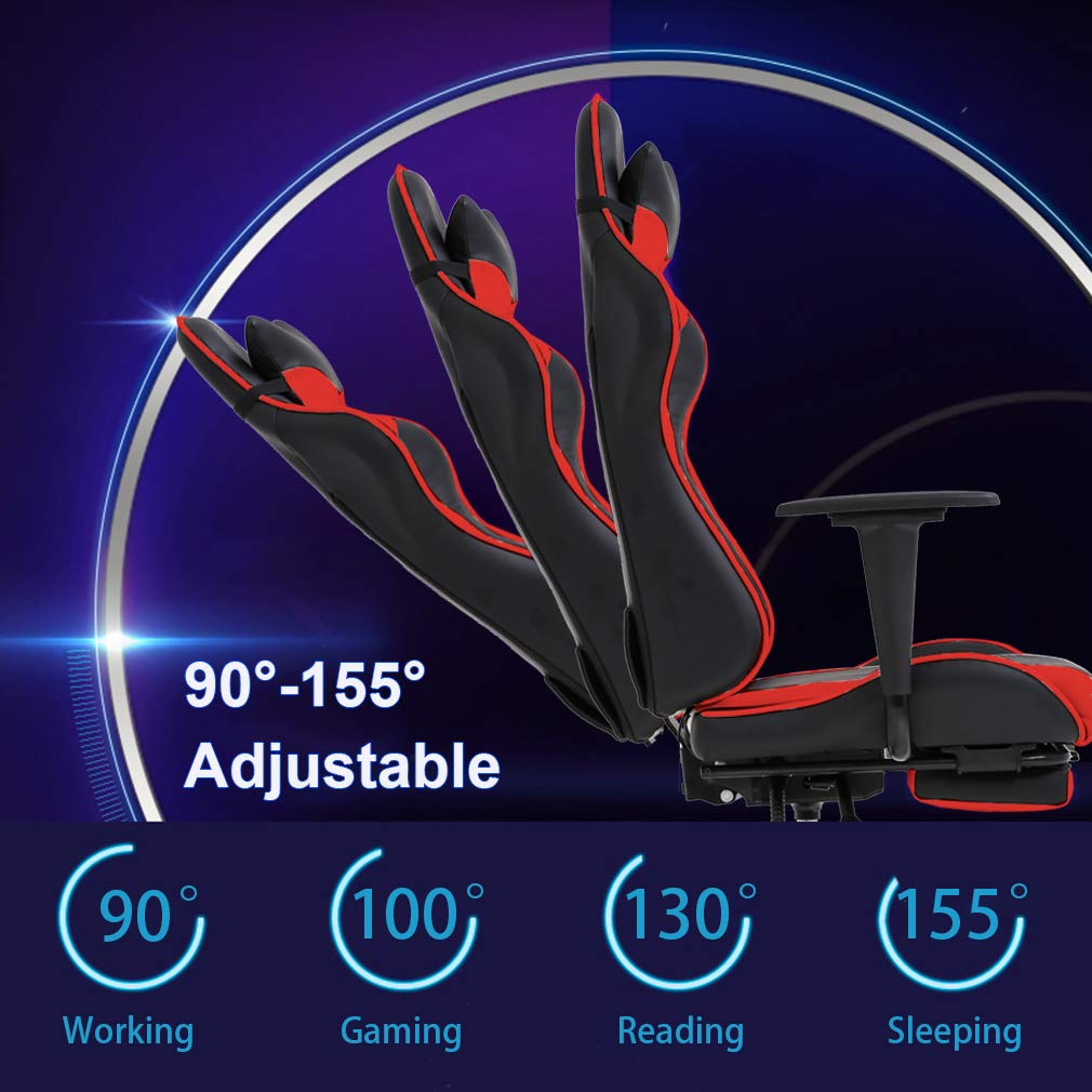 Gaming Chair Office Chair Ergonomic Desk Chair With Footrest Arms Lumbar Support Headrest Swivel Rolling High Back Racing Computer Chair For Women Men Adults Girls,Red
