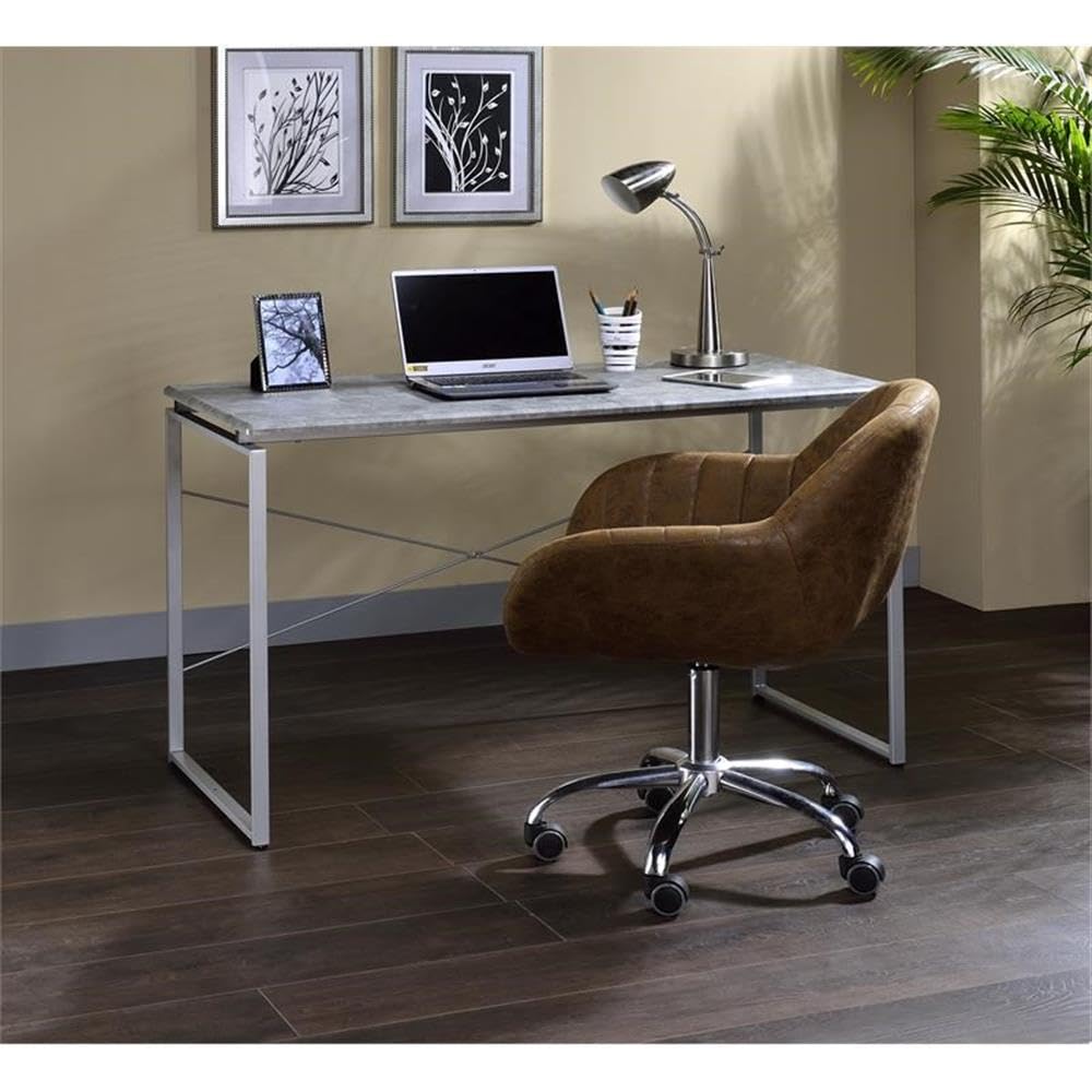 Acme Jurgen Wooden Rectangle Top Writing Desk In Faux Concrete And Silver