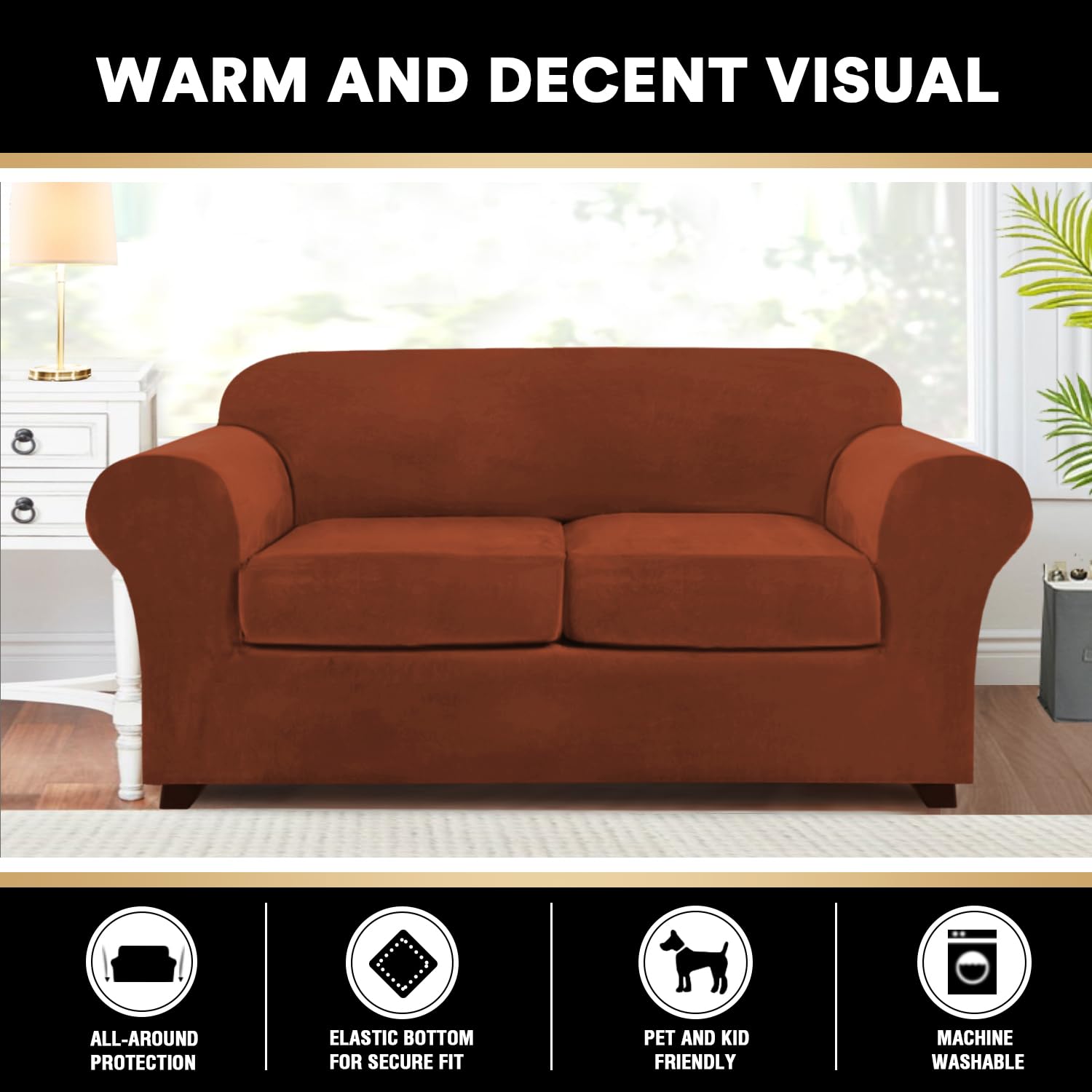 Princedeco 3 Pieces Couch Covers Soft Velvet Couch Covers For 2 Cushion Sofa Loveseat Covers Width Up To 72 Inch Anti Slip Love Seat Furniture Protector, Machine Washable (Medium, Rust)