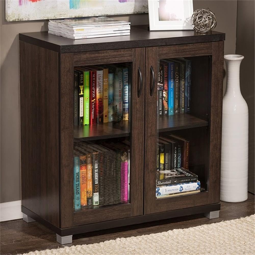Baxton Studio Wholesale Interiors Zentra Sideboard Storage Cabinet with Glass Doors, Dark Brown