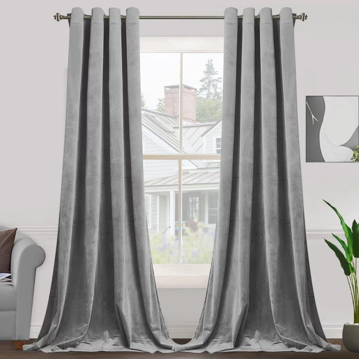 Smiletime Grey 90In Long Velvet Curtains With Grommet, Thermal Insulated Super Soft Privacy Noise Reducing Light Blocking Velvet