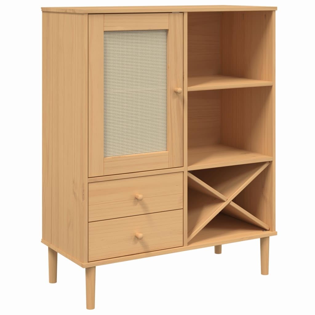 vidaXL Solid Wood Pine Highboard with Rattan Look Door Surface - SENJA Range - Brown - Spacious Storage with Drawers and Compartments