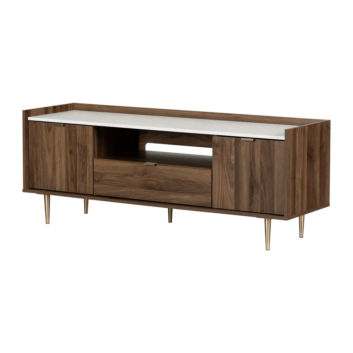 South Shore Hype Tv Stand With Doors And Drawer, 75&quot;, Natural Walnut And Faux Carrara Marble