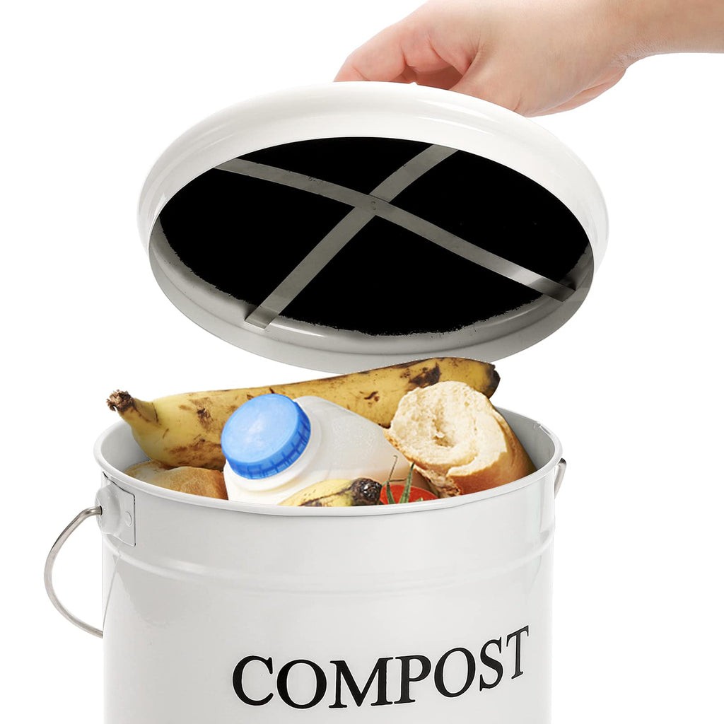 Avla Compost Bin Kitchen Countertop, 1 Gallon Composter Pail, Food Waste Composting Bucket, Odorless Trash Keeper Container, Whi