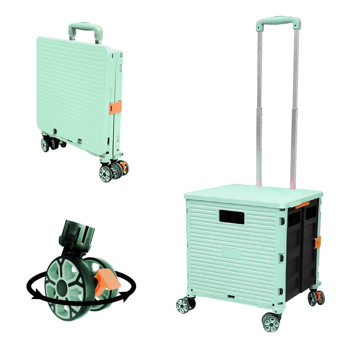 Foldable Utility Cart Portable Rolling Crate Handcart Shopping Trolley Collapsible 4 Rotate Wheels with Durable Heavy Duty Plast