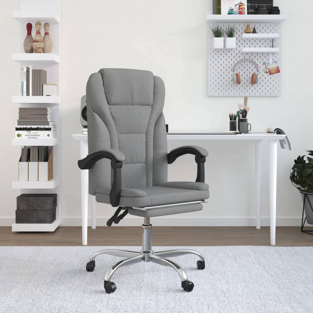vidaXL Adjustable Reclining Office Chair with Armrest – Light Gray, Fabric-Made, with Rolling Castors – Stylish, Comfortable, Durable