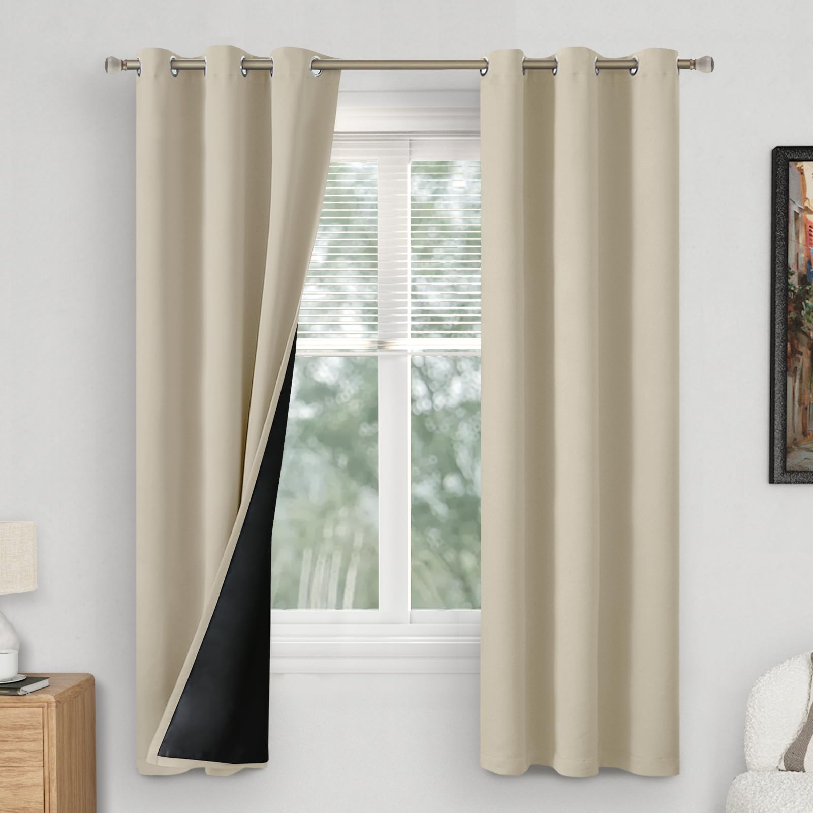 Quemas Beige Blackout Curtains For Bedroom 72 Inch Length 2 Panels,Thermal Insulated 100% Light Blocking Soundproof Grommet Wind