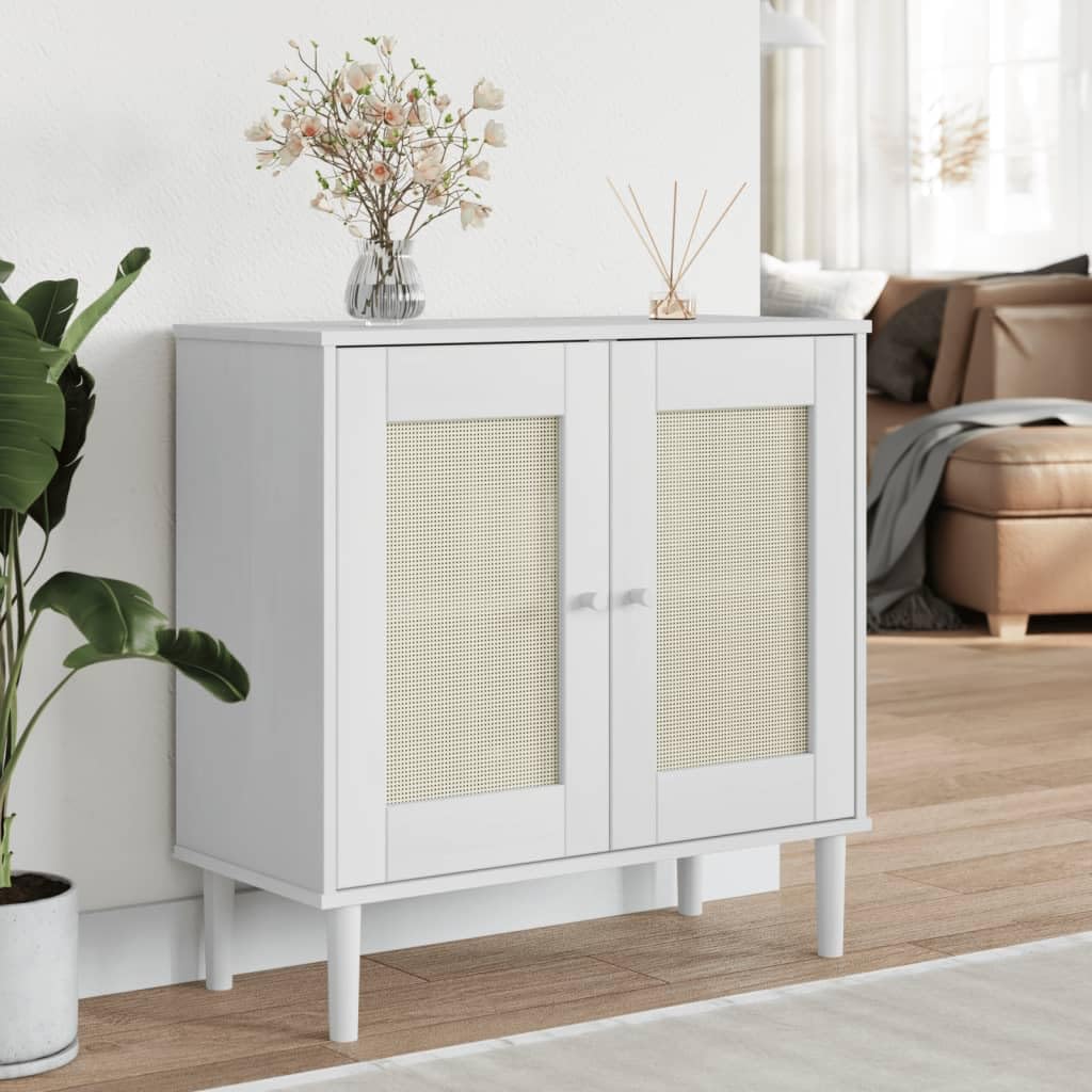 vidaXL SENJA White Sideboard with Solid Pine Wood and UV Varnish Finish, Features Rattan Look and Multiple Compartments for Storage - 31.5x13.8x31.5