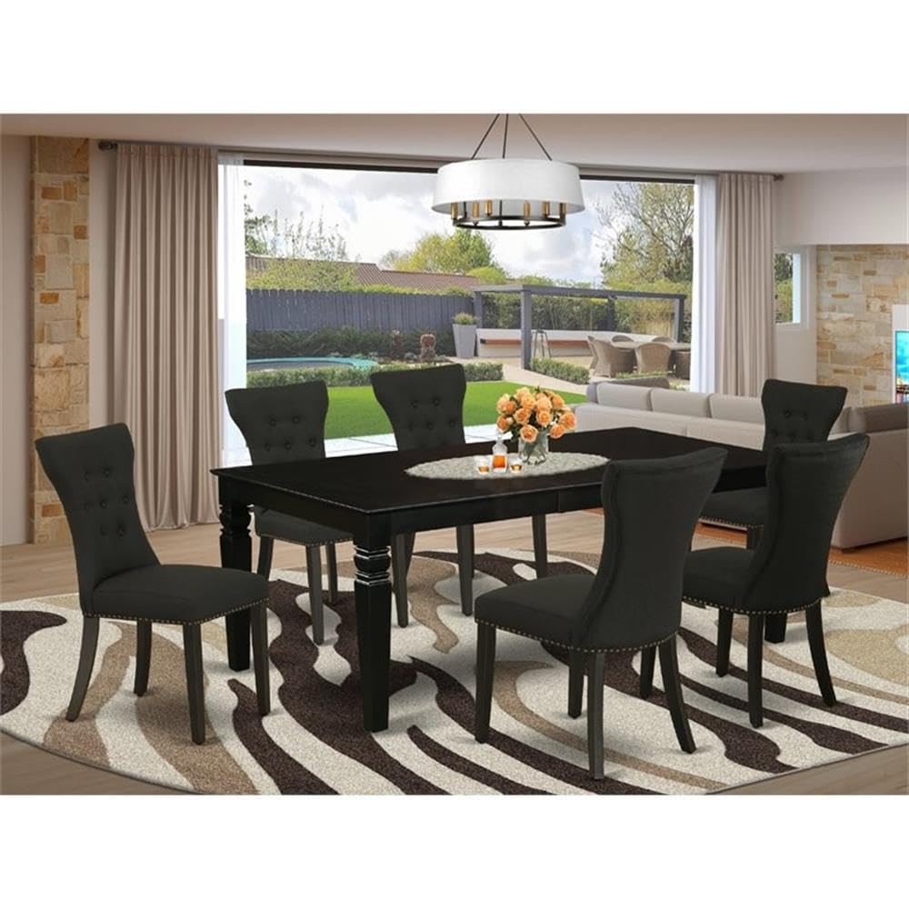 East West Furniture Lgga7-Blk-24 7 Piece Dining Set Consist Of A Rectangle Dining Room Table With Butterfly Leaf And 6 Black Linen Fabric Upholstered Chairs, 42X84 Inch, Black