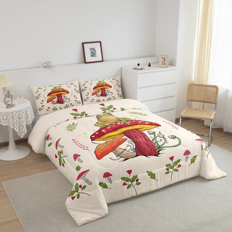 Feelyou Frog Print Bedding Set Kids Kawaii Decor Comforter Set Frog Mushrooms Comforter Cover Set For Room Decor Botanica Cute M